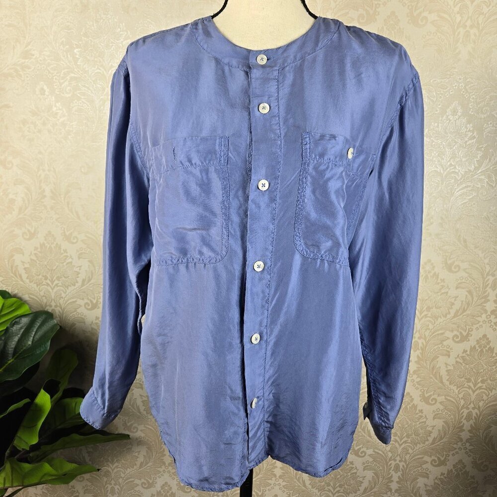 Liz Wear Petite Size Small Blue Button Front Shirt 100% Silk Round Neck Long Slv